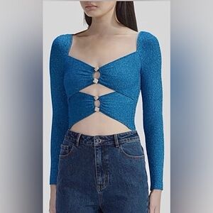 Self-Portrait Crop Top Cutout Blue Lurex Knit in Sparkling Turquoise Blue Size S